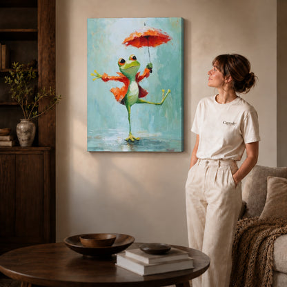 Gallery wrapped umbrella dancing frog artwork with shaded canvas edges beside a woman wearing cream clothing.