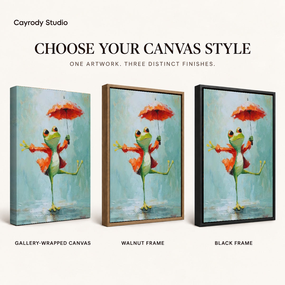 Umbrella Dancing Frog artwork finish chart showing gallery wrapped canvas, walnut frame, and black frame options.