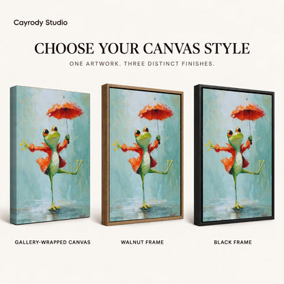 Umbrella Dancing Frog artwork finish chart showing gallery wrapped canvas, walnut frame, and black frame options.