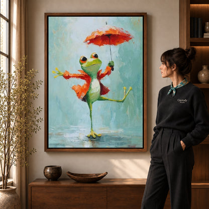 Walnut framed umbrella dancing frog artwork scene assigned to all six walnut framed canvas sizes.