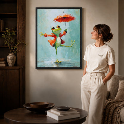 Black framed umbrella dancing frog artwork scene assigned to all six black framed canvas sizes.