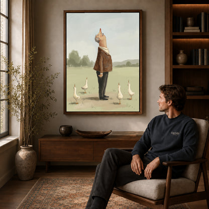 Walnut framed skyward goose company artwork above a seated man in a wood furnished living room.