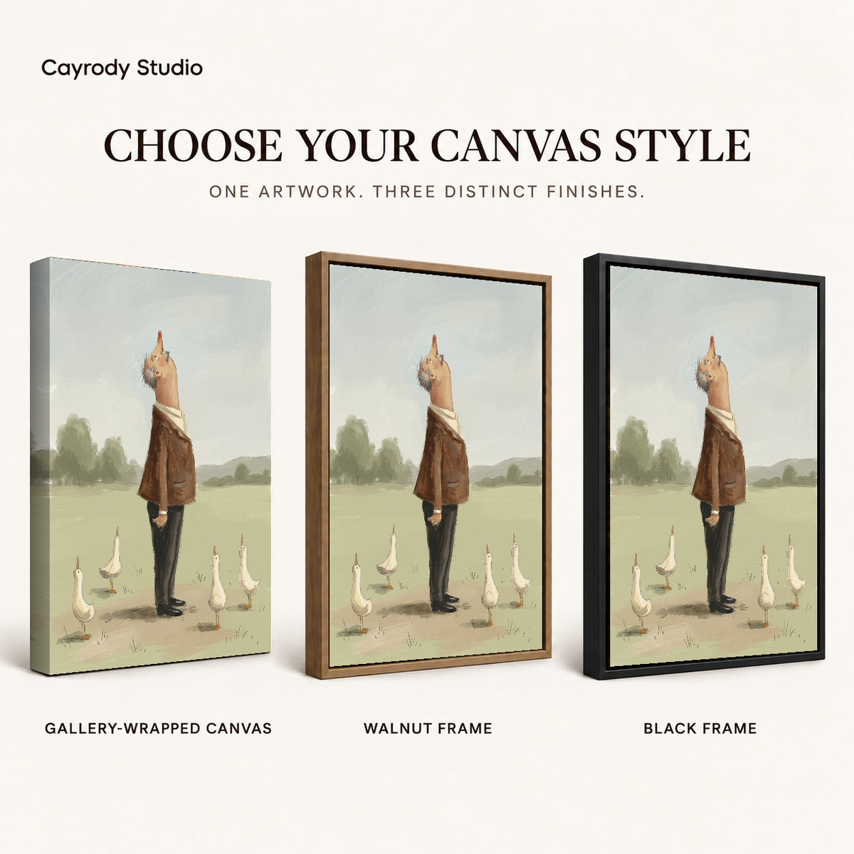 Skyward Goose Company artwork finish chart showing gallery wrapped canvas, walnut frame, and black frame options.