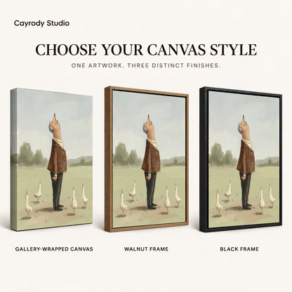 Skyward Goose Company artwork finish chart showing gallery wrapped canvas, walnut frame, and black frame options.