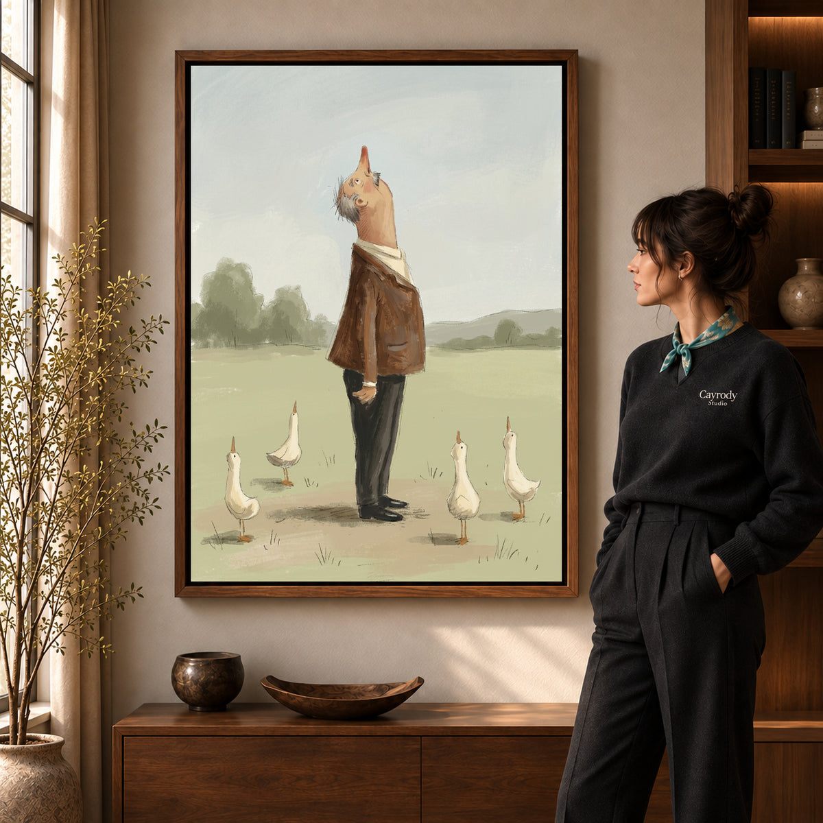 Walnut framed skyward goose company artwork scene assigned to all six walnut framed canvas sizes.