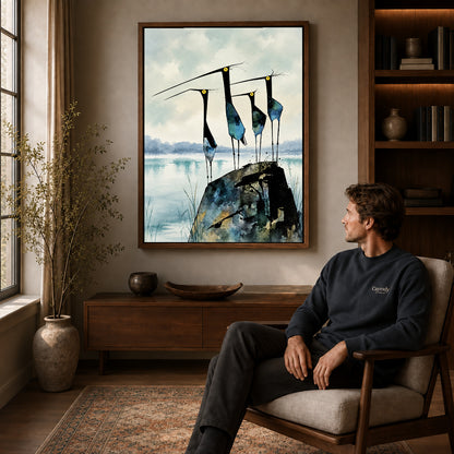 Walnut framed long beaked quartet artwork above a seated man in a wood furnished living room.