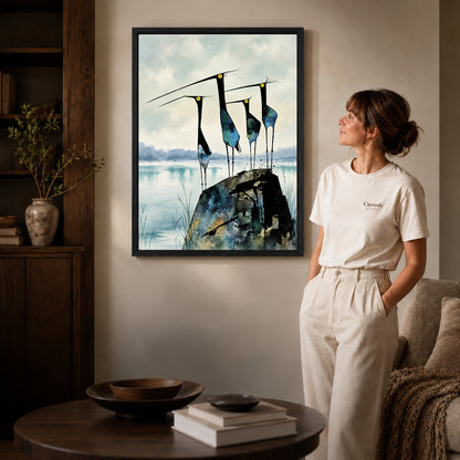 Black framed long beaked quartet artwork beside a woman in a warm neutral living room.