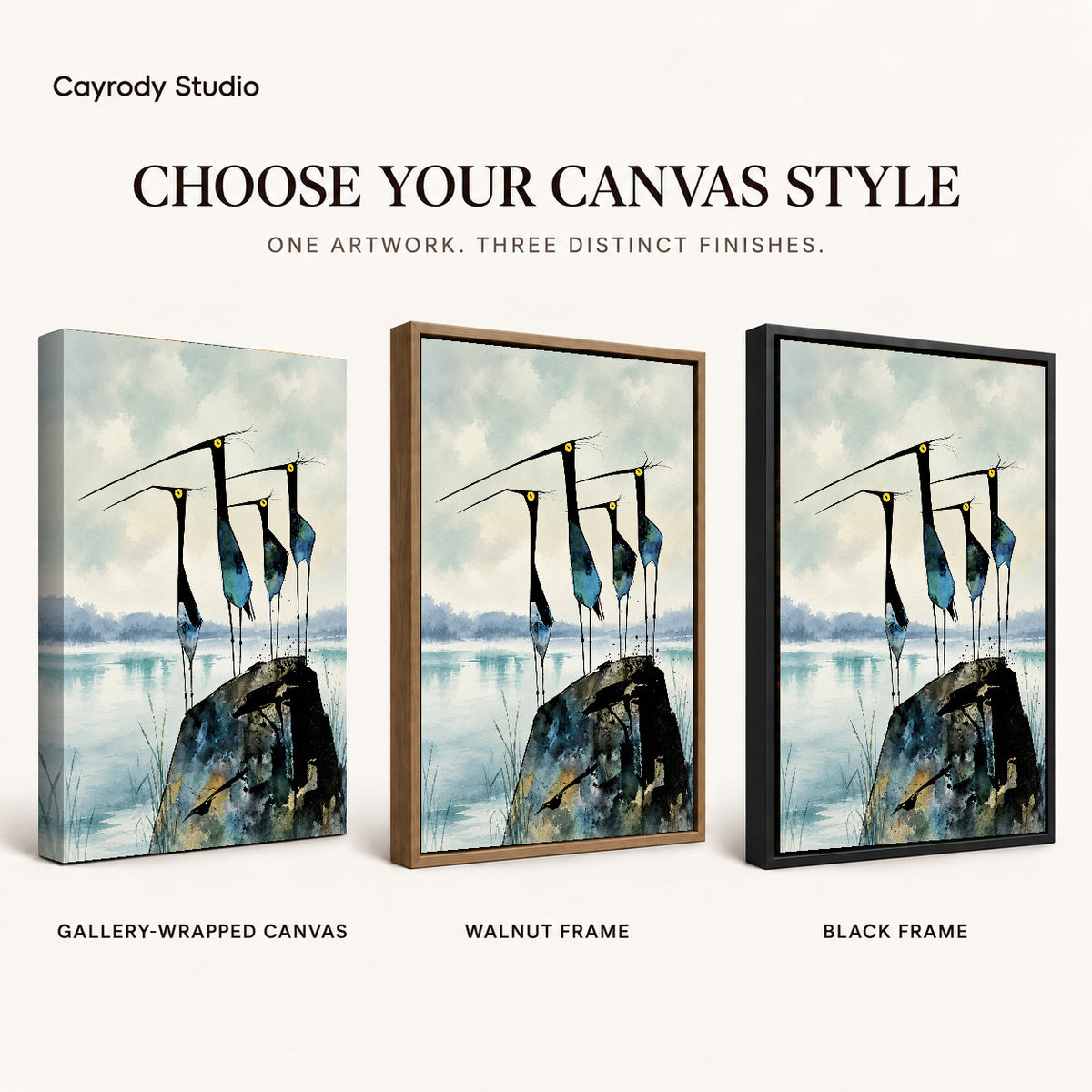 Long Beaked Quartet artwork finish chart showing gallery wrapped canvas, walnut frame, and black frame options.