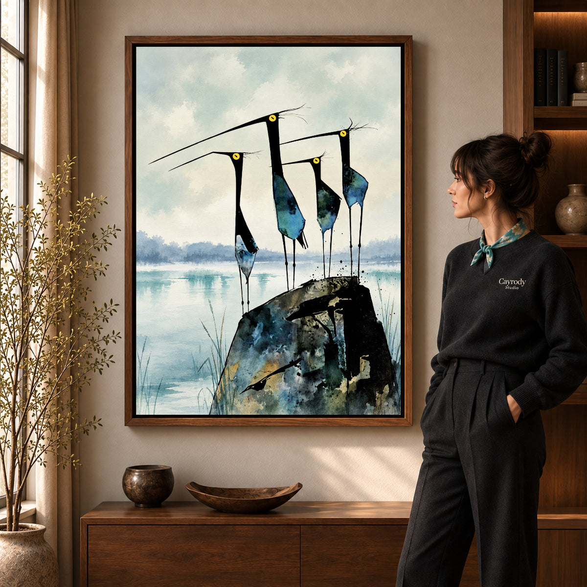 Walnut framed long beaked quartet artwork scene assigned to all six walnut framed canvas sizes.