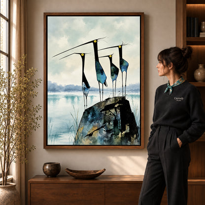 Walnut framed long beaked quartet artwork scene assigned to all six walnut framed canvas sizes.