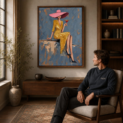 Walnut framed pink hat elegance artwork above a seated man in a wood furnished living room.