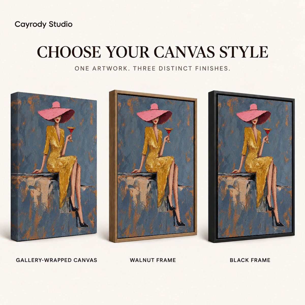 Pink Hat Elegance artwork finish chart showing gallery wrapped canvas, walnut frame, and black frame options.