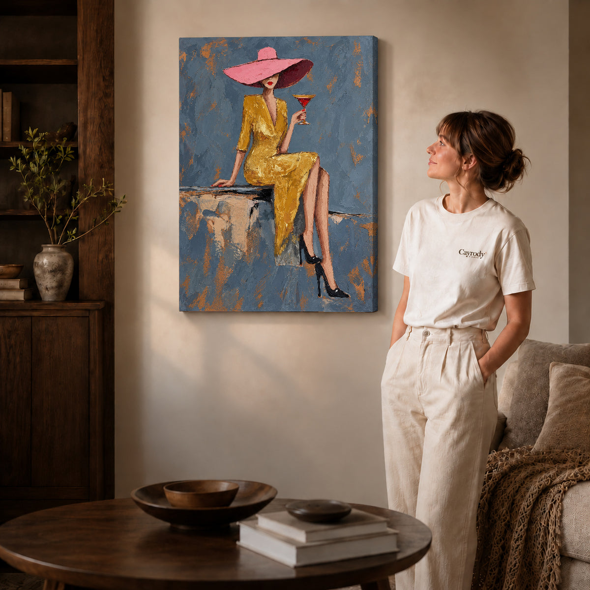 Gallery wrapped pink hat elegance artwork scene assigned to all six unframed wrapped canvas sizes.