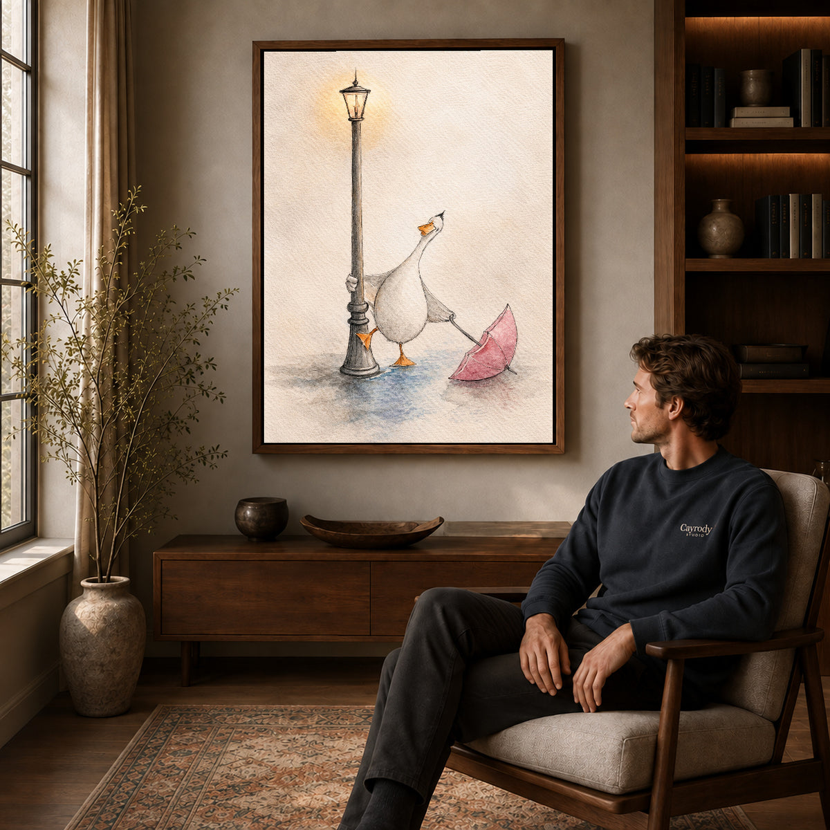 Walnut framed rainy lamppost goose artwork above a seated man in a wood furnished living room.