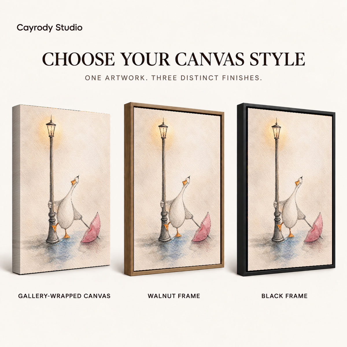 Rainy Lamppost Goose artwork finish chart showing gallery wrapped canvas, walnut frame, and black frame options.