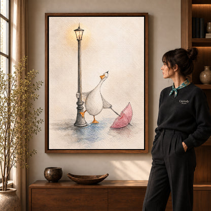 Walnut framed rainy lamppost goose artwork scene assigned to all six walnut framed canvas sizes.