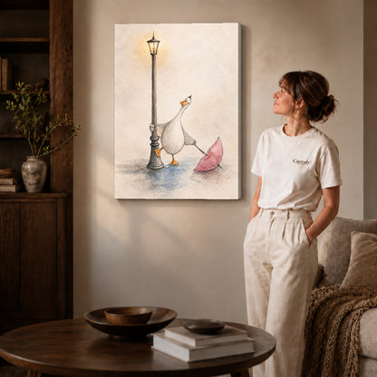 Gallery wrapped rainy lamppost goose artwork scene assigned to all six unframed wrapped canvas sizes.