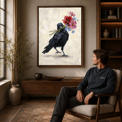 Walnut framed flower carrying crow artwork above a seated man in a wood furnished living room.