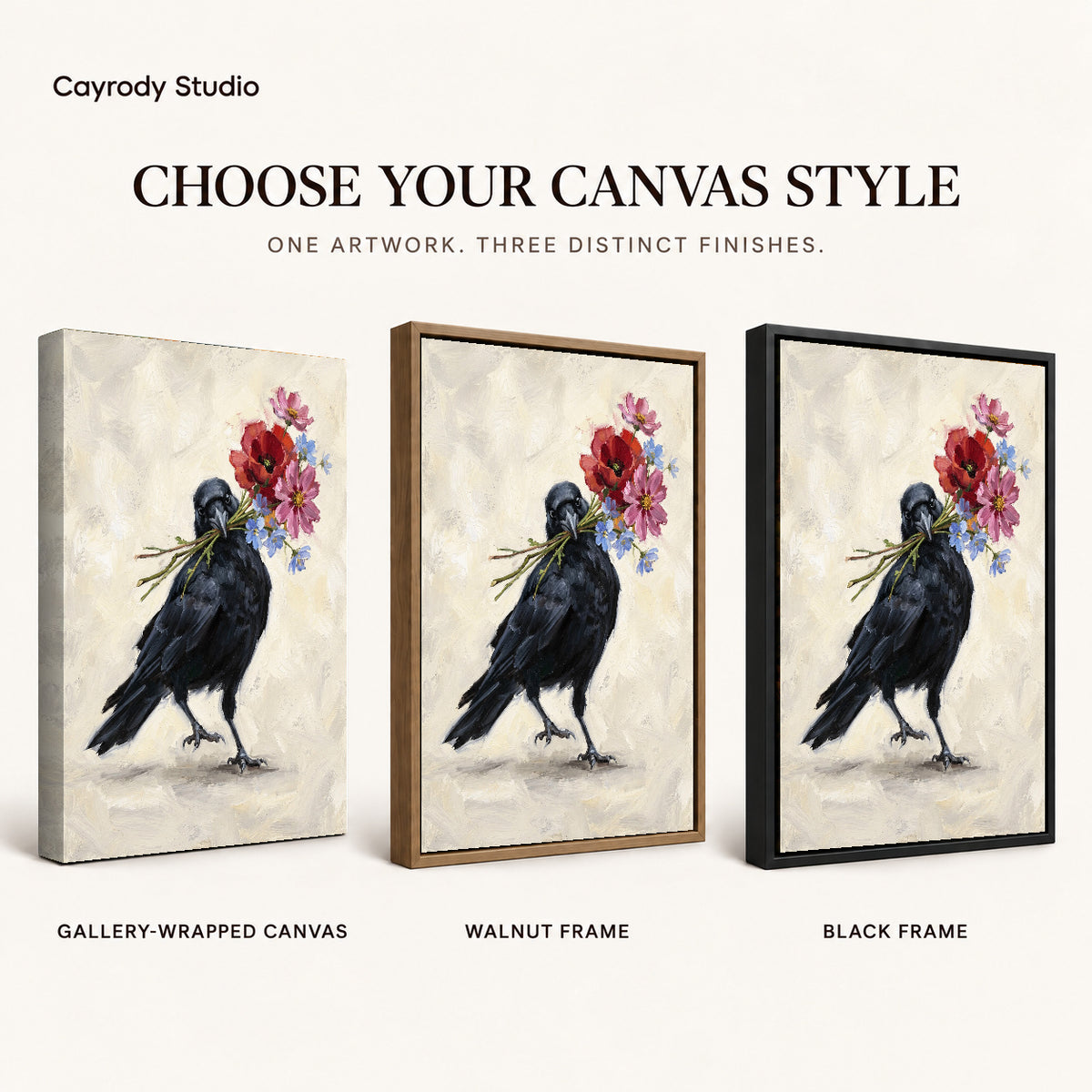 Flower Carrying Crow artwork finish chart showing gallery wrapped canvas, walnut frame, and black frame options.