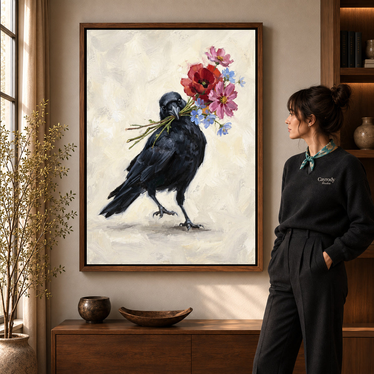 Walnut framed flower carrying crow artwork scene assigned to all six walnut framed canvas sizes.