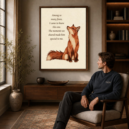 Walnut framed special fox friendship artwork above a seated man in a wood furnished living room.