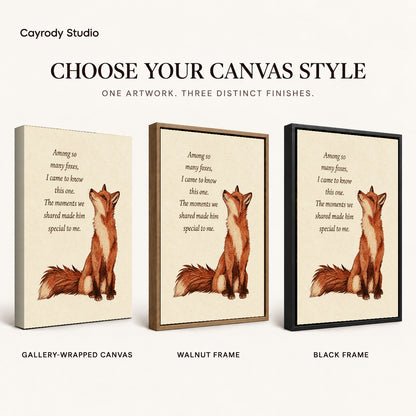 Special Fox Friendship artwork finish chart showing gallery wrapped canvas, walnut frame, and black frame options.