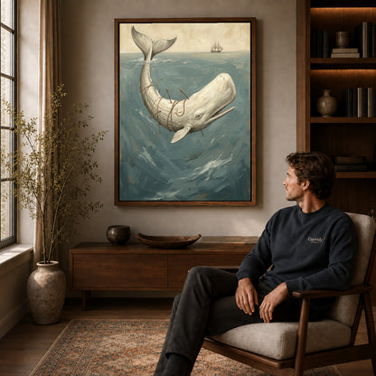 Walnut framed whale ocean voyage artwork above a seated man in a wood furnished living room.