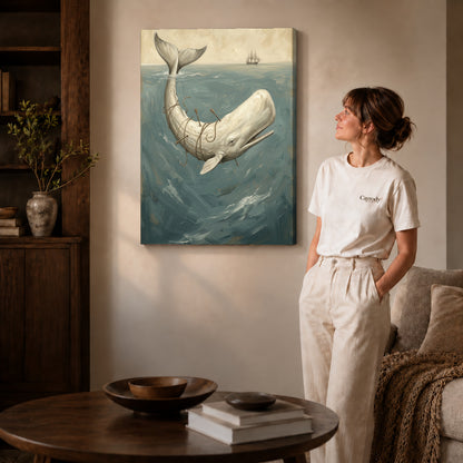 Gallery wrapped whale ocean voyage artwork with shaded canvas edges beside a woman wearing cream clothing.