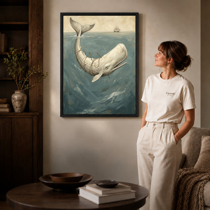 Black framed whale ocean voyage artwork beside a woman in a warm neutral living room.