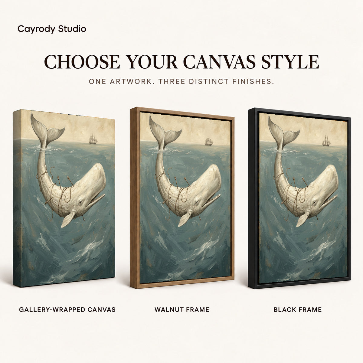 Whale Ocean Voyage artwork finish chart showing gallery wrapped canvas, walnut frame, and black frame options.