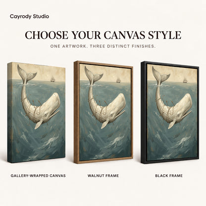 Whale Ocean Voyage artwork finish chart showing gallery wrapped canvas, walnut frame, and black frame options.