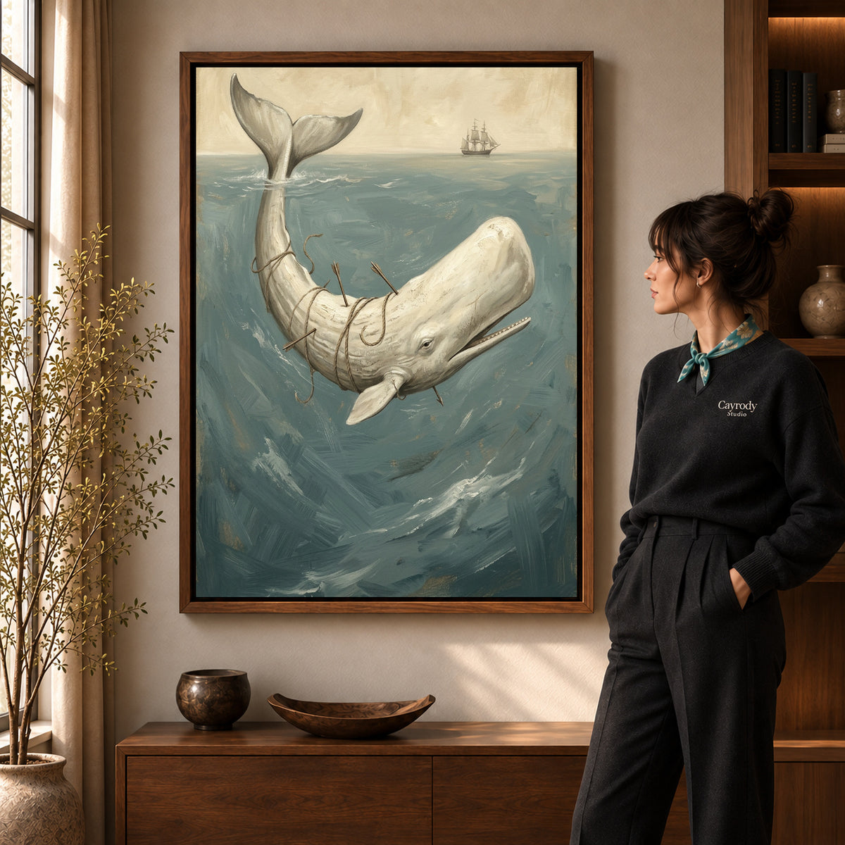 Walnut framed whale ocean voyage artwork scene assigned to all six walnut framed canvas sizes.
