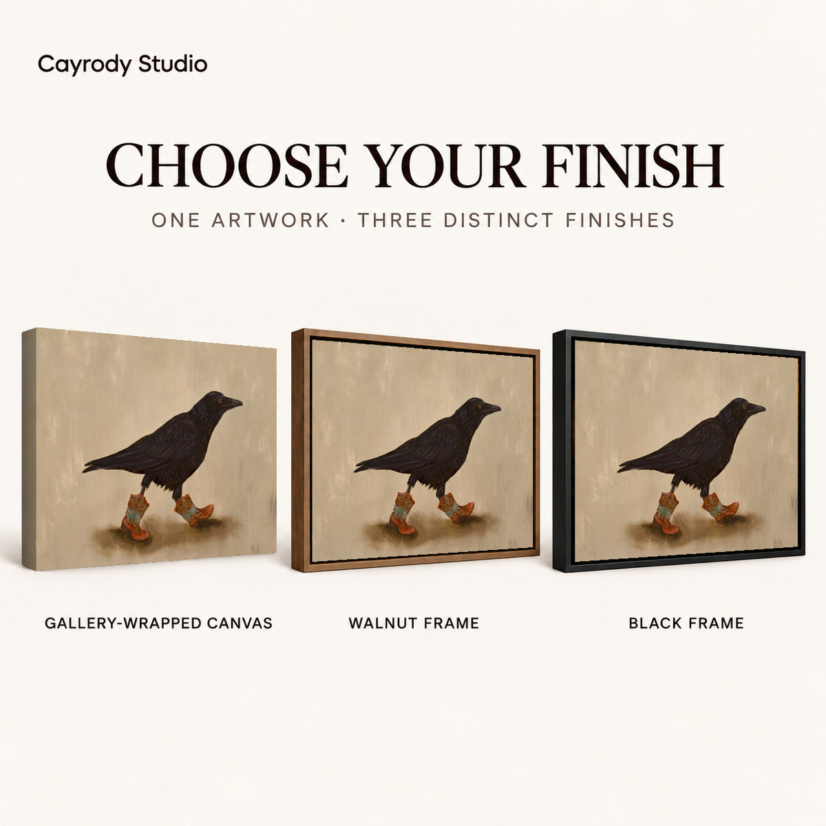 Cowboy Boot Crow artwork finish chart showing gallery wrapped canvas, walnut frame, and black frame options.