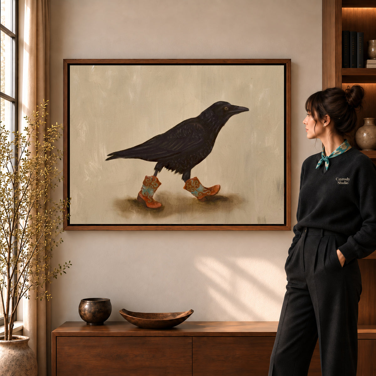 Walnut framed cowboy boot crow artwork scene assigned to all six walnut framed canvas sizes.