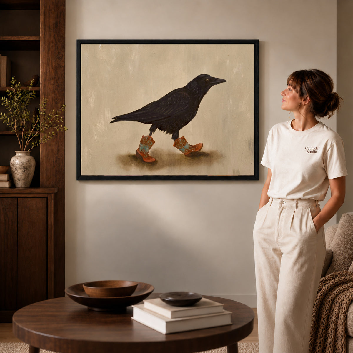 Black framed cowboy boot crow artwork scene assigned to all six black framed canvas sizes.