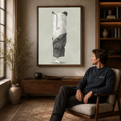 Walnut framed whale detective portrait artwork above a seated man in a wood furnished living room.