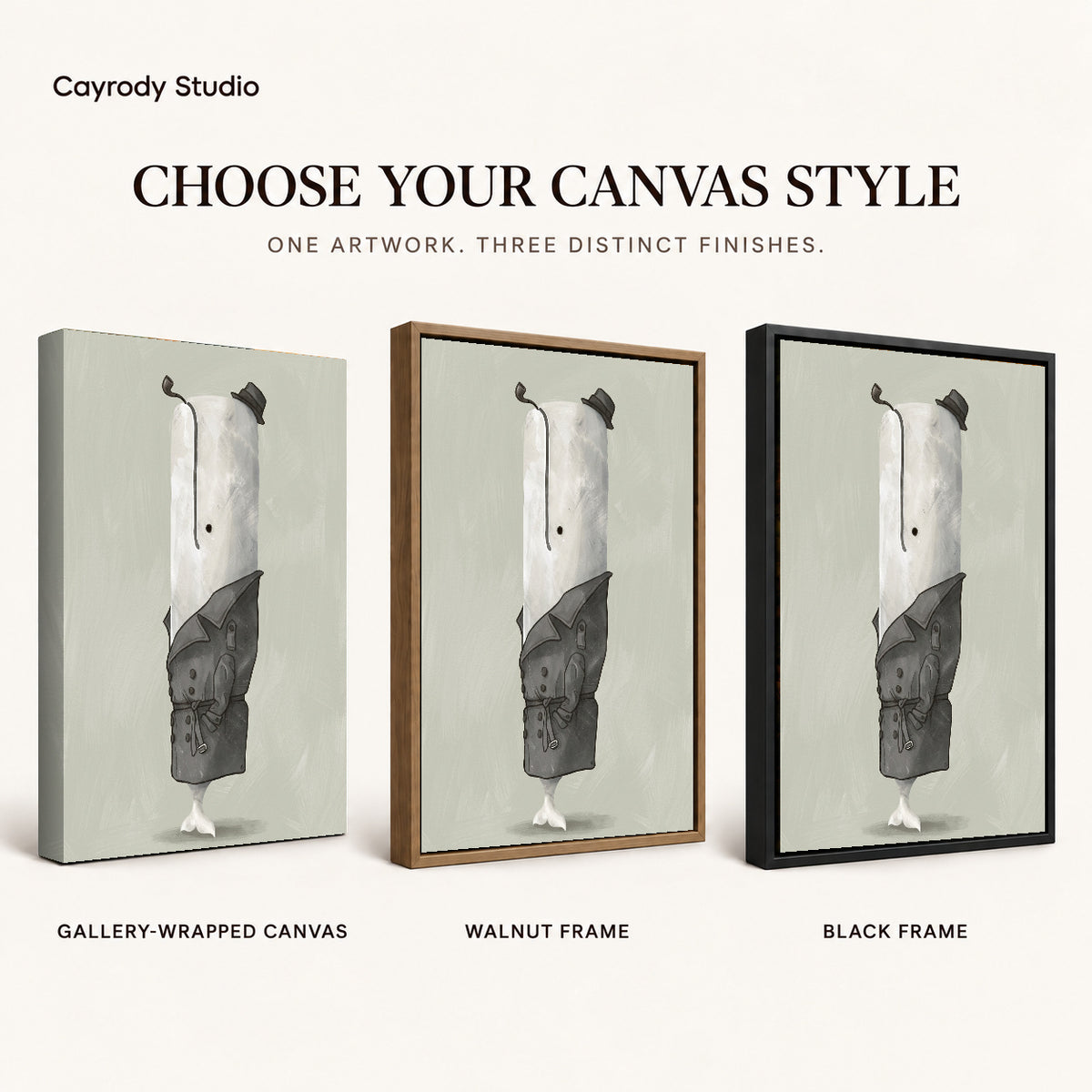 Whale Detective Portrait artwork finish chart showing gallery wrapped canvas, walnut frame, and black frame options.