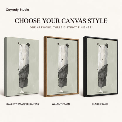 Whale Detective Portrait artwork finish chart showing gallery wrapped canvas, walnut frame, and black frame options.