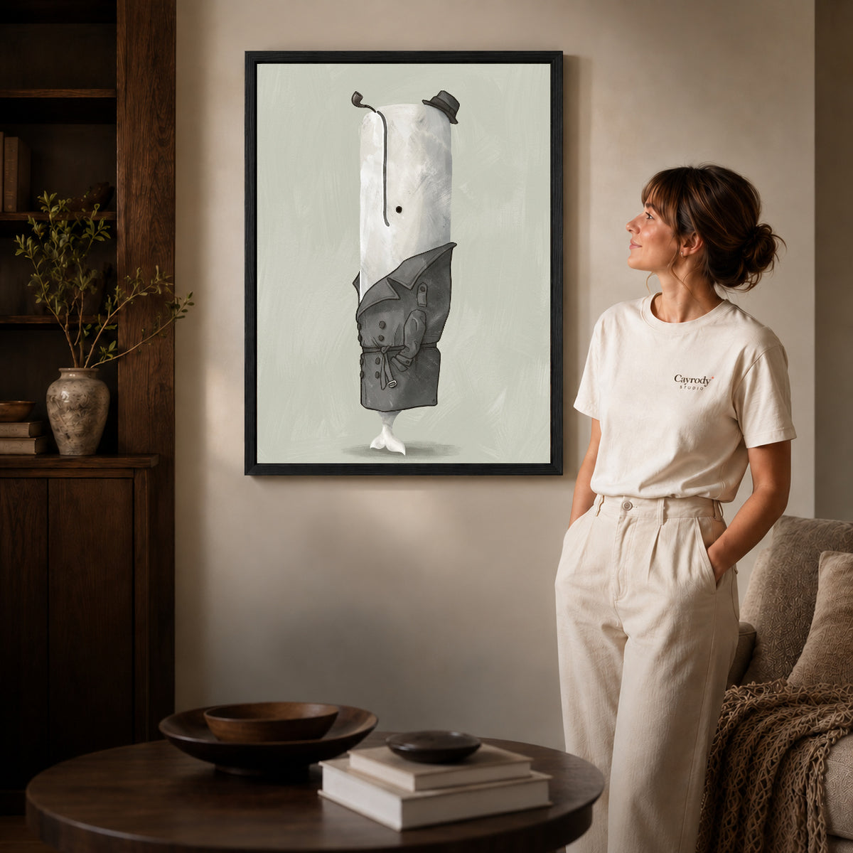 Black framed whale detective portrait artwork scene assigned to all six black framed canvas sizes.