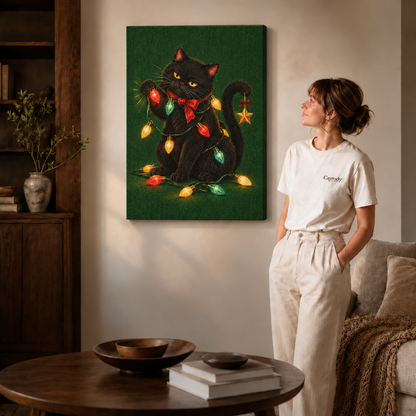 Woman in a white tee beside a gallery-wrapped black cat Christmas canvas wall art in a bright minimalist living space.
