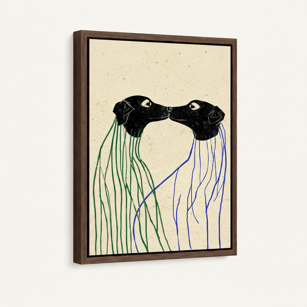 Framed canvas closeup of two black dogs kissing with flowing green and blue line work on cream background