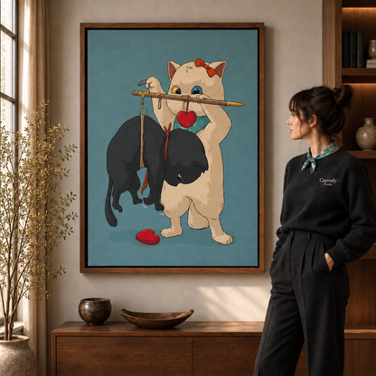 a framed whimsical cat duo canvas print.