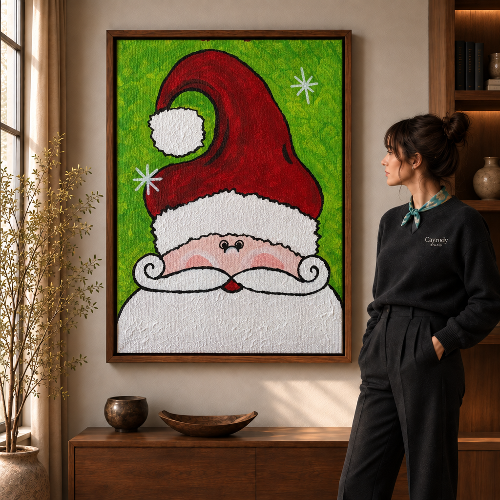 Walnut-framed Santa face canvas with a vivid green background, red hat, curled moustache, and snowy white beard.