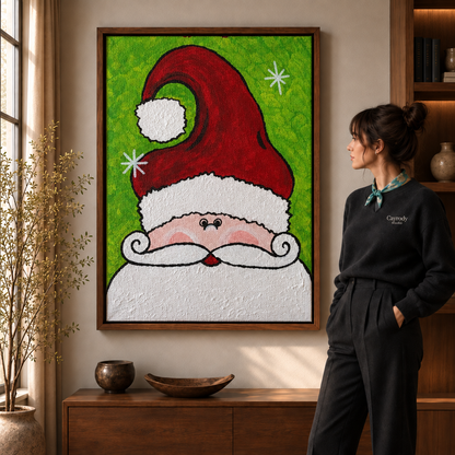 Walnut-framed Santa face canvas with a vivid green background, red hat, curled moustache, and snowy white beard.