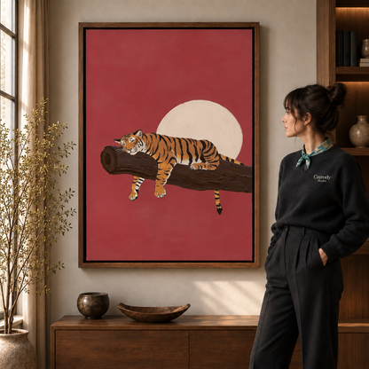 a framed sleeping tiger folk art canvas print.