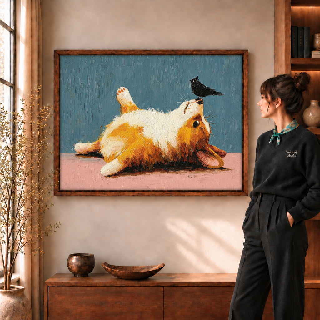 Woman in black sweater beside a dark walnut floating frame of playful corgi canvas wall art in warm living room.