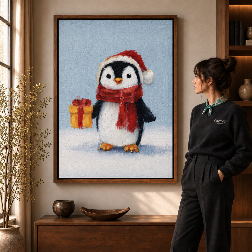 Cute penguin art pairs a red Santa hat, long scarf, and yellow present with a pale snowy blue background.