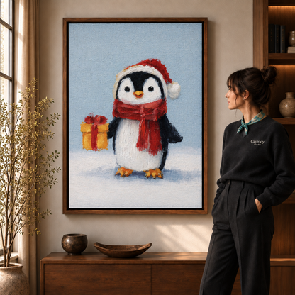 Cute penguin art pairs a red Santa hat, long scarf, and yellow present with a pale snowy blue background.
