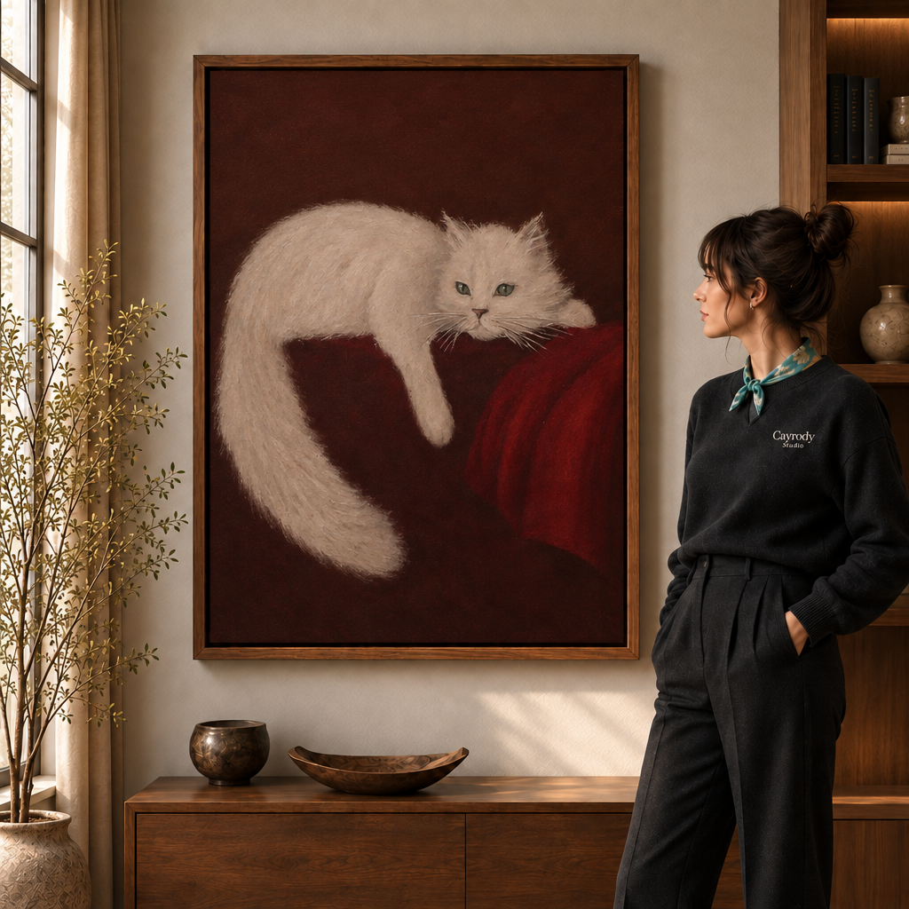 a walnut-framed white cat canvas wall art of a cat lounging on red velvet.