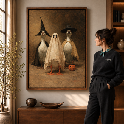 Halloween duck canvas wall art positioned in a playful seasonal scene.